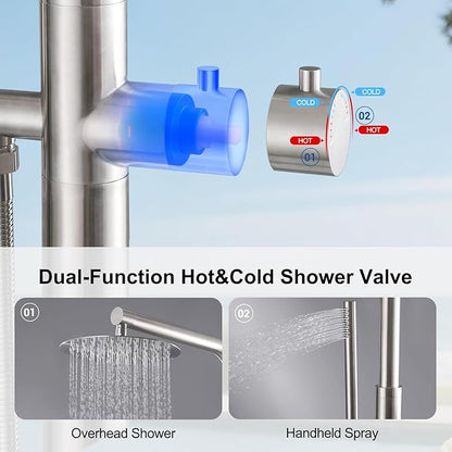 RBROHANT Freestanding Outdoor Shower, 316 Marine Grade Stainless Steel Beach Shower, Free Standing Hot and Cold Water Pool Shower with 10’’ Rain Shower Head and Handheld, Brushed Nickel, Floor Mounted