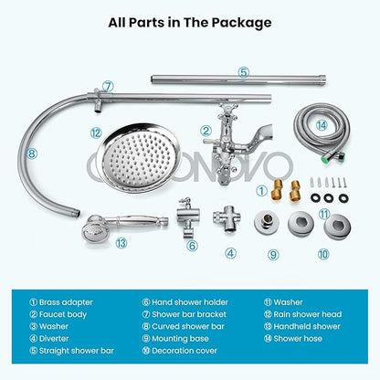 gotonovo Bathroom Classic Exposed Shower Faucet Wall Mount Shower System 8 Inch Luxurious Rainfall Shower Head Set with Tub Spout and Handheld Spray Double Cross Handles Polished Chrome