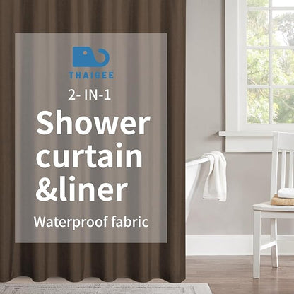 2-in-1 Waterproof Fabric Shower Curtain or Liner,Linen Textured,Breathable TPU & Washable Bathroom Shower Curtain Set with 12 Plastic Hooks,Modern,72"x72" Brown
