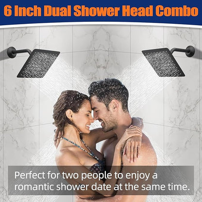 Black Thermostatic Shower System three Shower Heads with 16" Ceiling Mounted Rain Shower Head & 2 x 6" Wall Mounted Head 4 Function Full Body Shower System Can All Run Together