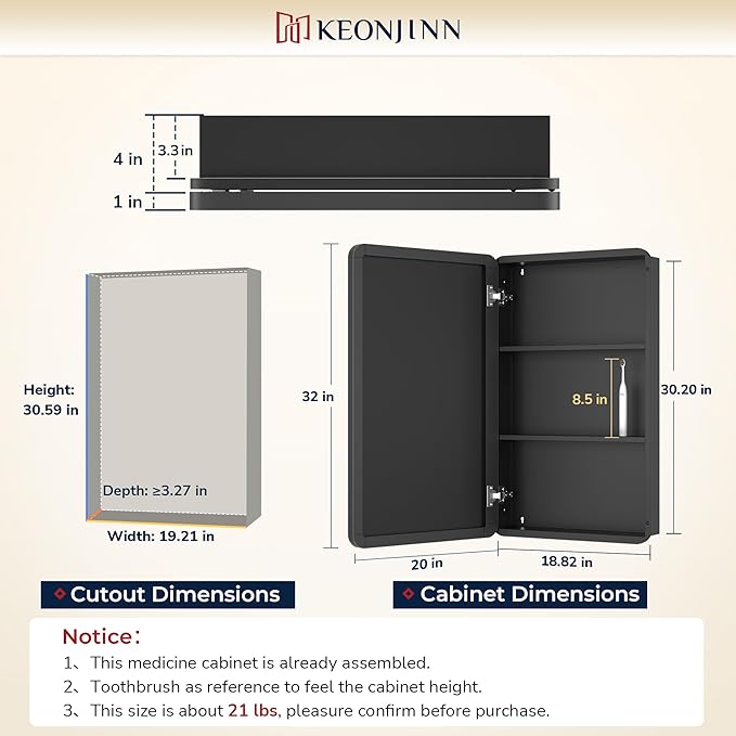 Keonjinn 20 x 32 Inch Chrome Medicine Cabinets for Bathroom with Mirror Adjustable Shelves Stainless Steel Framed Rounded Rectangle Single Door Surface Wall Mounted Silver Bathroom Storage Cabinet
