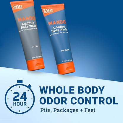 Mando Acidified Body Wash - 24 Hour Odor Control - Removes Odor Better than Soap - Formulated without SLS or Phthalates - Skin Safe - 8.5 Ounce (Pack of 2) - Pro Sport and Mt Fuji