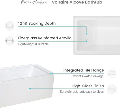 Swiss Madison Well Made Forever Voltaire 48"x32" Acrylic White, Alcove, Left Hand Drain, Apron Bathtub