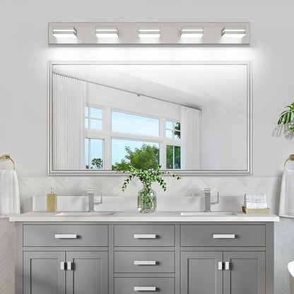 SineRise LED Modern Bathroom Vanity Light Fixtures (5-Light, 40-Inch, Dimmable), Brushed Nickel Modern Acrylic Bathroom Wall Lighting Fixtures Over Mirror (Cool White 6000K)