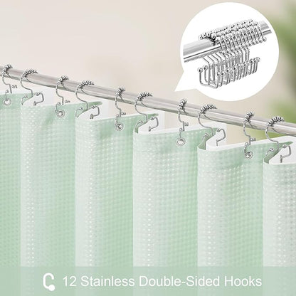 3 in 1 Extra Long Mint Green Shower Curtain Set-72 W x 84 H, Modern Waffle and PEVA Liner Set with 12 Stainless Steel Hooks, Waterproof Fabric for Bathroom
