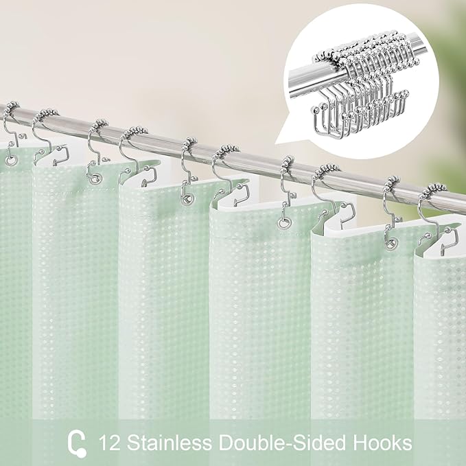 3 in 1 Long Mint Green Shower Curtain Set-72 W x 78 H, Modern Waffle and PEVA Liner Set with 12 Stainless Steel Hooks, Waterproof Fabric for Bathroom