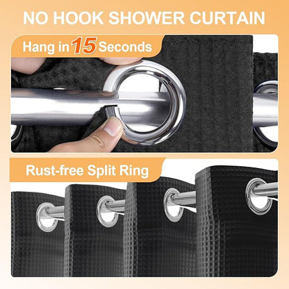 River Dream Extra Long No Hook Shower Curtain with Snap in Liner, Cotton Blend Shower Curtains for Bathroom, Hotel Grade, Water Repellent, Black, 71" Wx86 L