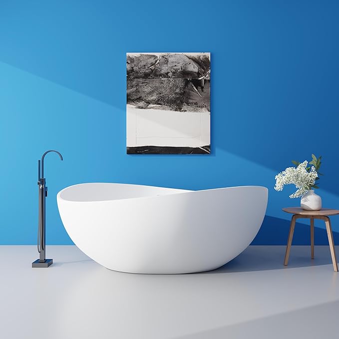 SJ STAR&JANE 63" x 38" Solid Surface Freestanding Bathtub, Oval Soaking Tub with Overflow and Pop-up Drain for Bathroom Matte Black