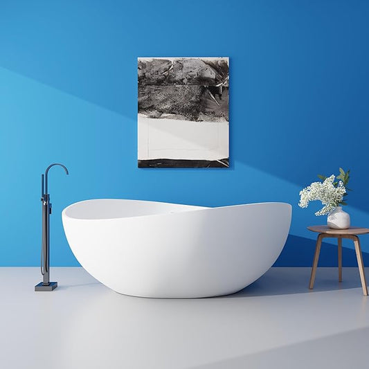 SJ STAR&JANE 63" x 38" Solid Surface Freestanding Bathtub, Oval Soaking Tub with Overflow and Pop-up Drain for Bathroom Matte Black