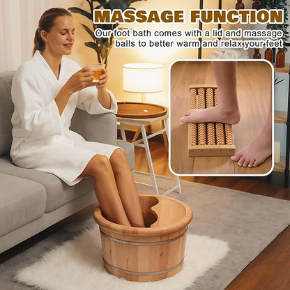 Geelin 10.24 Inch Tall Wooden Foot Bath Bucket with Massage Roller and Lid, Thick Insulated Wooden Foot Basin for Relaxation, Massage Soles, Suitable for Families, Athletes and Elderly
