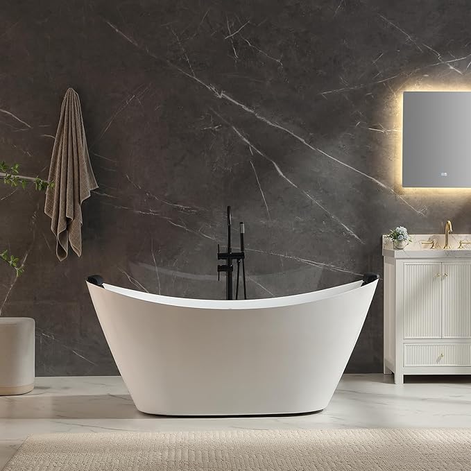 Empava Update Acrylic Whirlpool Bathtub, 67-Inch Freestanding Boat Shaped Jetted Bathtub with Healing Chromotherapy, 18 Hydromassage Jet, Double-Ended Massage Bathtub with Two Black Pillows
