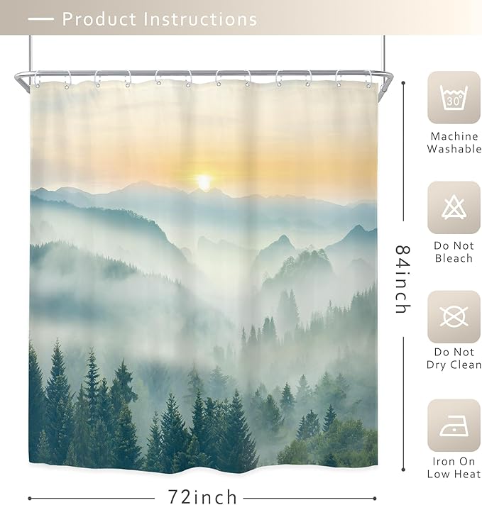 Riyidecor Extra Long Mountain Shower Curtain 72Wx84H Inch Green Yellow Sunrise Sunset Misty Scenery Landscape Nature Woodland Greenery View Bathroom Decor Fabric Polyester Waterproof 12 Pack Hooks