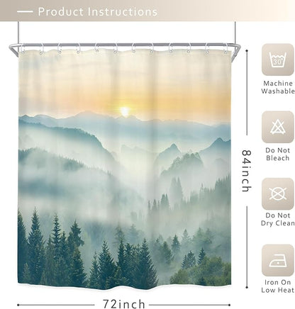 Riyidecor Extra Long Mountain Shower Curtain 72Wx84H Inch Green Yellow Sunrise Sunset Misty Scenery Landscape Nature Woodland Greenery View Bathroom Decor Fabric Polyester Waterproof 12 Pack Hooks