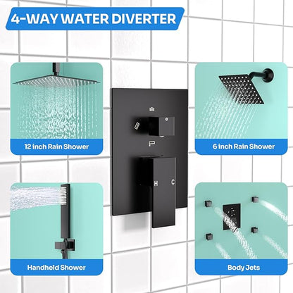 Enga Dual Head Shower System with Body Jets (Eco-Performance) 12 Inch Ceiling Mount Shower Head with 6 Inch Wall Mount Shower Head Shower Faucet Set, Matte Black