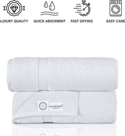 SALBAKOS 100% Turkish Cotton Extra Large Bath Sheet Set of 2 35x70 inch | Heirloom Quality | Hotel & Spa Collection | Soft, Absorbent Oversize Bath Towels | Made in Turkey (White, 2 Bath Sheets)