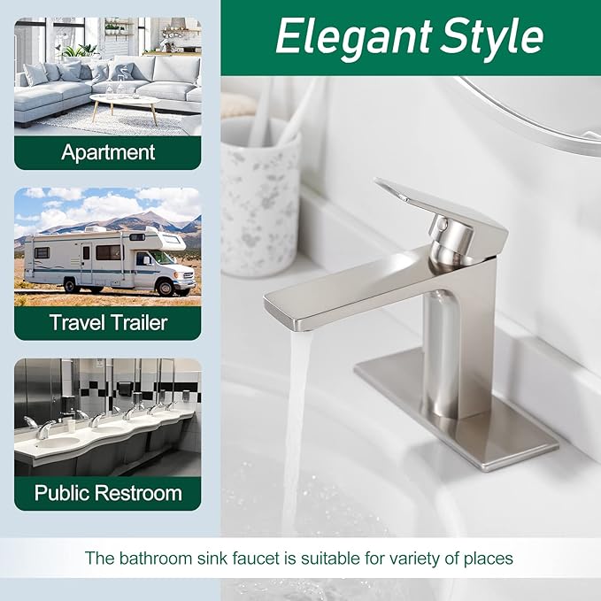 VOTON Bathroom Faucet Brushed Nickel Single Handle Bathroom Faucet 1 or 3 Hole Bathroom Sink Faucet with Deck Plate RV Bathroom Faucet 1.2 GPM