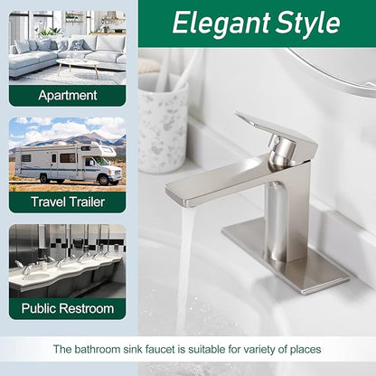 VOTON Bathroom Faucet Brushed Nickel Single Handle Bathroom Faucet 1 or 3 Hole Bathroom Sink Faucet with Deck Plate RV Bathroom Faucet 1.2 GPM