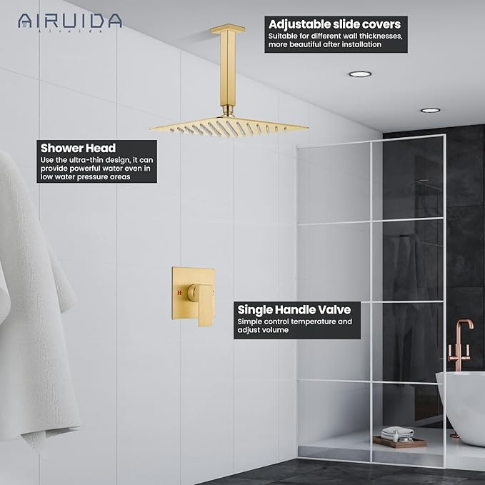 Airuida Shower Faucet Set and Handle Set Single Function Shower Trim Kit Ceiling Mount Rainfall Shower System with Male Threads and Rough-in Valve 10 Inch Square Shower Head Brushed Gold