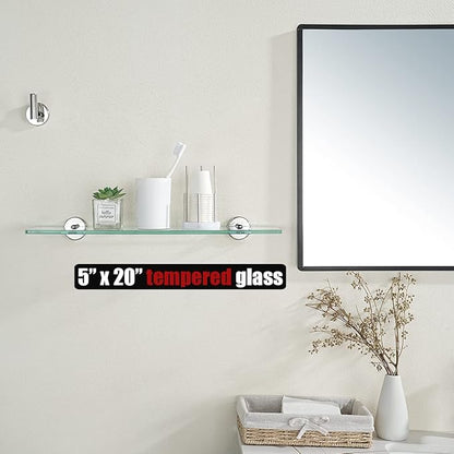 JQK Bathroom Glass Shelf Chrome, Tempered Glass Shower Storage 20 by 5 inches, 304 Stainless Steel Polished Chrome Wall Mount, 2 Pack, TGS101L20-CH-P2