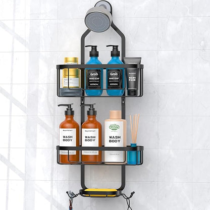 Kadolina Bathroom Hanging Shower Organizer, Over Head Shower Caddy Shower Storage Rack Basket with Hooks for Razor and Sponge Rustproof, Black [Patented]