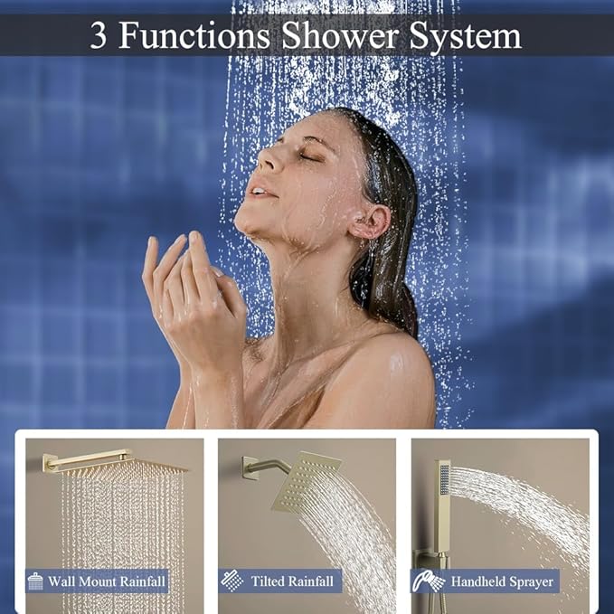 Shower Faucet Set Brushed Gold Shower System, Knob Switch Diverter Shower Faucet with High Pressure Handheld Spray, Wall Mount 12 Inch Shower Head with 6 Inch Wall Mount Shower Head