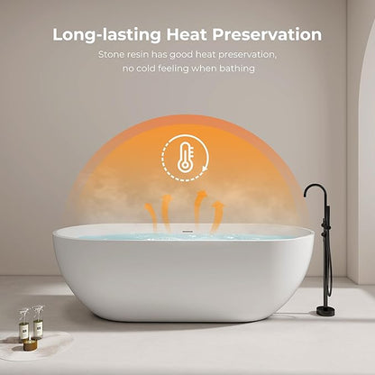 69" Premium Solid Surface Freestanding Bathtub, Oval Stone Resin Tub with Overflow and Pop-up Drain, Matte White