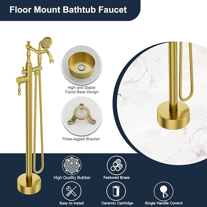 Brushed Gold Bathtub Faucet Freestanding Tub Filler High Pressure Single Handle Bathtub Filler Floor Mounted Brass Bathroom Tub Faucets with Handheld Shower