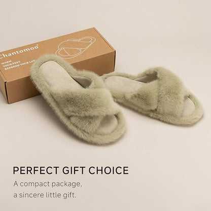 Chantomoo Womens Slippers Memory Foam Fuzzy Cross Band Faux Fur Slippers for Women Gift