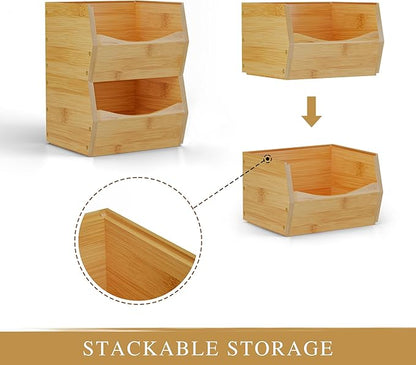 2 Set Open Front Small Stackable Storage Bins, Bamboo Stacking Storage Bins Snack Tea Bags Fruits Spices Countertop Storage, Rustic Organizer Bins for Pantry, Kitchen, Office, Bedroom (Small Natural)