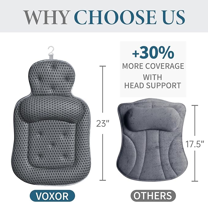 Bath Pillows for Tub, Cozy Bathtub Cushion for Head and Neck with Soft 3D Mesh Fabric and 54 Non-Slip Suction Cups, Relaxing Tub and Shower Accessories Spa Gift Gray Extra Thick