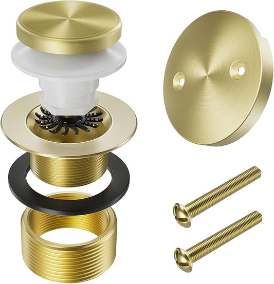 Brushed Brass Bathtub Drain Stopper and Overflow Kit, Solid Brass Tip-Toe Bath Tub Drain with Hair Catcher - Universal Coarse/Fine Thread, Bathroom Bathtub Plug Replacement, 11.5/16 UNC