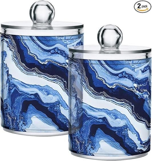 MNSRUU 2 Pack Qtip Holder Organizer Dispenser Blue Marbling Bathroom Storage Canister Cotton Ball Holder Bathroom Containers for Cotton Swabs/Pads/Floss
