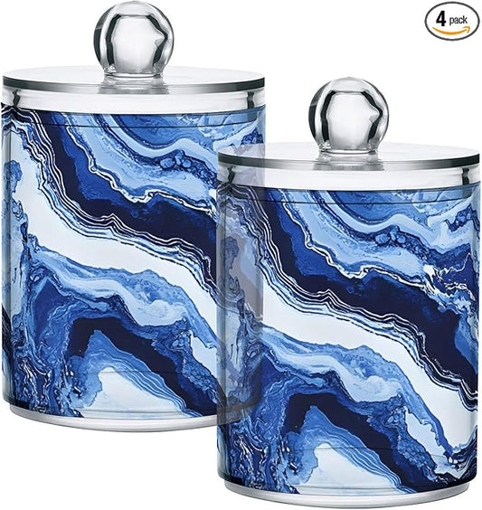 MNSRUU 4 Pack Qtip Holder Organizer Dispenser Blue Marbling Bathroom Containers Bathroom Vanity Storage Canister Apothecary Jars for Cotton Swabs/Pads/Floss