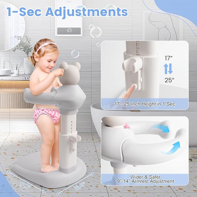 Adjustable Baby Shower Stand with Bear Design, Portable Bath Support with Non-Slip Base, Bathing Toy with Baby Bathing Station (Grey)