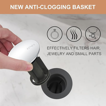 KENES Bathroom Vessel Sink Pop Up Drain Assembly Without Overflow, Chrome Bathroom Vanity Sink Drain Stopper, Anti-Clogging Drain Strainer, KE-P300A-5