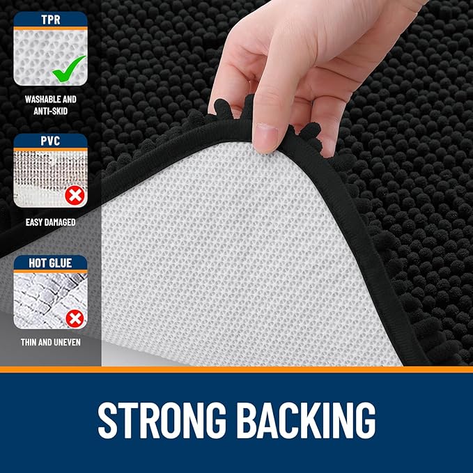 OLANLY Bathroom Rugs 47x17, Extra Soft Absorbent Chenille Bath Rugs, Rubber Backing Quick Dry, Machine Washable Bath Mats for Bathroom Floor, Tub and Shower, Home Decor Accessories, Black