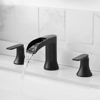 Solid Brass Waterfall Bathtub Faucets Set, 3 Hole Matte Black Tub Faucet 2 Handle, High Flow Roman Tub Faucets Widespread 6-16 Inch Deck Mount