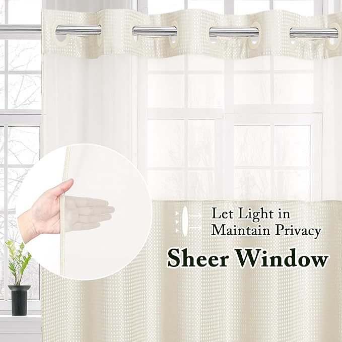 Gibelle No Hook Waffle Weave Shower Curtain with Snap-in Fabric Liner Set for Bathroom, Hotel Style with Mesh Top Window, Waterproof & Washable, Ivory, 72x74