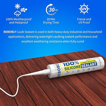 White Silicone Caulk & Sealant, 100% Waterproof Silicone Sealant Caulking, Shrink & Crack Proof, Silicone Caulking for Kitchen, Bathroom, RV, Interior & Exterior Use, 10.2 FL. OZ/300ML, 4 Pack