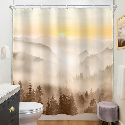 Riyidecor Misty Mountain Shower Curtain 72Wx72H Inch Brown Sunrise Nature Scenery Foggy Pine Tree Woodland Modern Natural Landscape Men Cool Bathroom Decor Fabric Polyester Waterproof 12 Pack Hooks