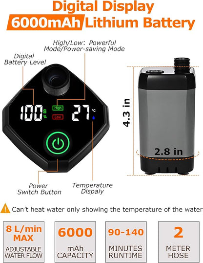 innhom Portable Camping Shower, 6000mAh Rechargeable Camp Shower Pump with LED Display, 2 Mode Electric Portable Shower for Camping, Hiking, Travelling, Washing