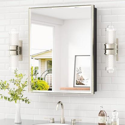 TETOTE Brushed Nickel Medicine Cabinet 24" x 30" Bathroom Mirror with Storage HD Glass Beveled Aluminum Frame Stepless Adjustable Shelves, Recessed or Wall Mount