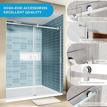 56-60"Wx72"H Frameless Reversible Single Sliding Shower Door, 1/4" Clear SGCC Tempered Glass& Shatter Proof Film , 304 Stainless Steel Hardware, Water Protection Seal Plus Glass-fixing Aluminum Stripe