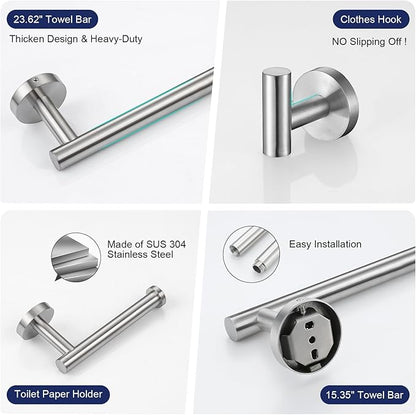 Bathroom Hardware Accessories Set Brushed Nickel Towel Bar Sets Include Double Towel Bars (23.6" and 15.35") Toilet Paper Holder Double Towel Hooks, 5 Pieces Stainless Steel Wall Mounted
