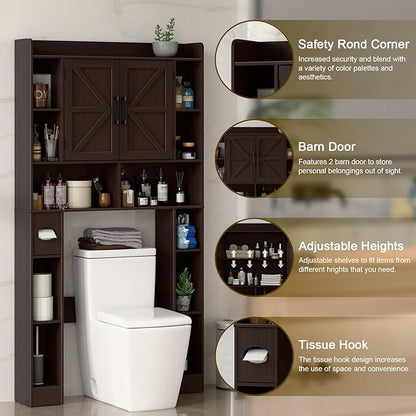 Farmhouse Storage Cabinet Over Toilet with Barn Doors，Over The Toilet Storage Cabinet, Home Space-Saving Toilet Rack, for Bathroom, Restroom, Laundry.Espresso