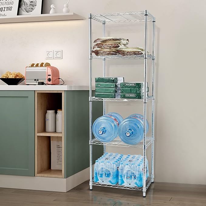 5 Tier Storage Racks Shelving, Heavy Steel Pantry Shelves, Adjustable Wire Shelving Rack, Suitable for Garage, Kitchens, Bathroom, Offices, 21.7" W x 17.7" D x 71" H, Chrome