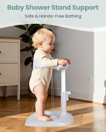 Baby Shower Stand for Infant to Toddler 6–36 Months, Baby Bath Stand Support with Adjustable Height, Anti-Slip Stable Design, Multi-Purpose Toddler Bath Helper, Infant Shower Gifts, Gray