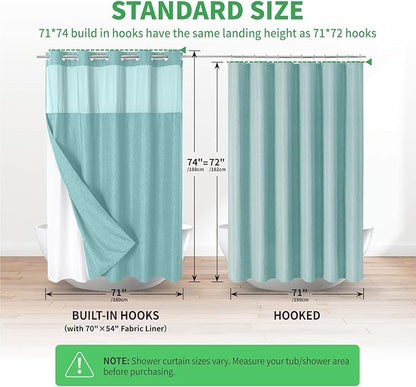No Hooks Needed Linen Textured Shower Curtain with Snap-in Fabric Liner Set,Hotel Luxury Decor Waterproof Shower Curtains for Bathroom with Mesh Top Window,Washable,71Wx74H,Teal