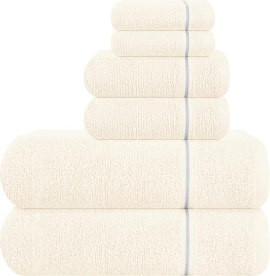 MyOwn Ultra Soft 6 Pack Cotton Towel Set, Contains 2 Bath Towels 28x55 inch, 2 Hand Towels 16x24 inch & 2 Wash Coths 12x12 inch, Ideal Everyday use, Compact & Lightweight - Ivory