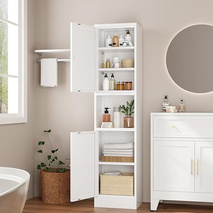 Tall Narrow Storage Cabinet,Metal Pantry Cabinet with Ajustable Shelves Open Countertop, Slim Sideboard for Small Spaces, Living Room, Kicthen, Dining Room, White
